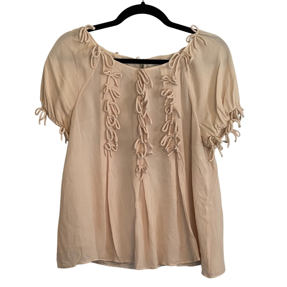 Leifsdottir Women Peach 100% Silk Knotted  Bow Accent Puff Sleeve Blouse Size 10